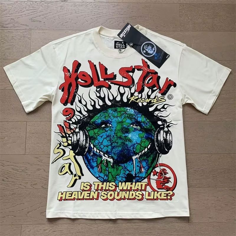 Men's Casual 100% Cotton Knitted Short-Sleeved T-Shirt Vintage Hell Star 1.1 Printed Loose Hell Star Tee Shirts
